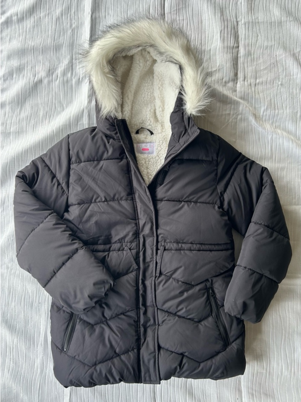 Place Black Puffer Jacket with Faux Fur Hood